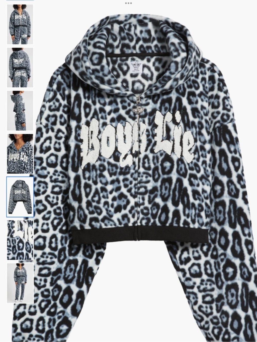 BOYS LIE Once a Cheetah Crop Zip Fleece Hoodie, size X-Small/Small